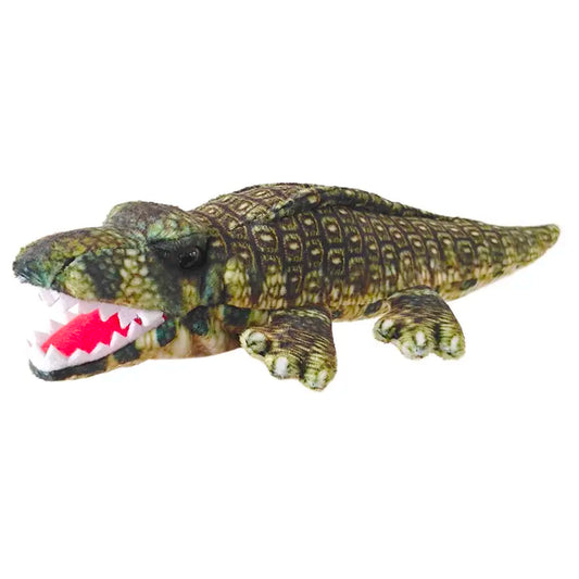 The Puppet Company Alligator Finger Puppet from the Little Creatures Range features green and brown patterned fabric, white felt teeth, and a red mouth—perfect for imaginative play as an alligator puppet.