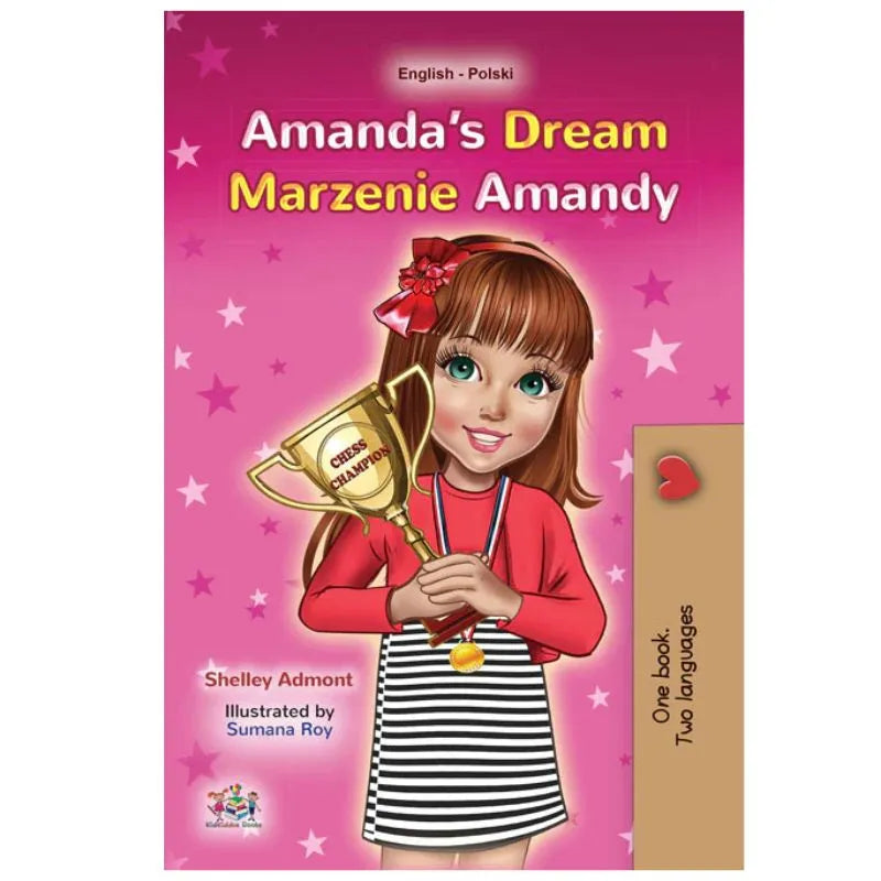 The "Dual Language Book Amanda's Dream English/Polish Children's Book" has a pink, starry cover showing a smiling brown-haired girl with a red bow holding a trophy. This bilingual book is in English and Polish.