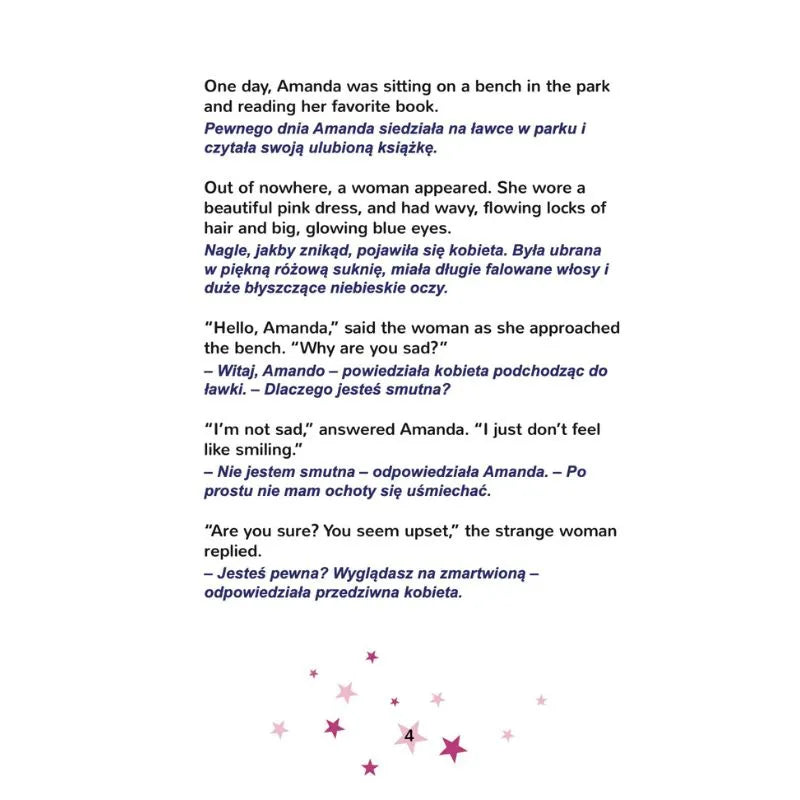 The Dual Language Book Amanda's Dream (English/Polish) features a story of Amanda reading on a park bench when a sad, blue-eyed woman with pink hair appears, with purple and pink stars making learning English and Polish fun.