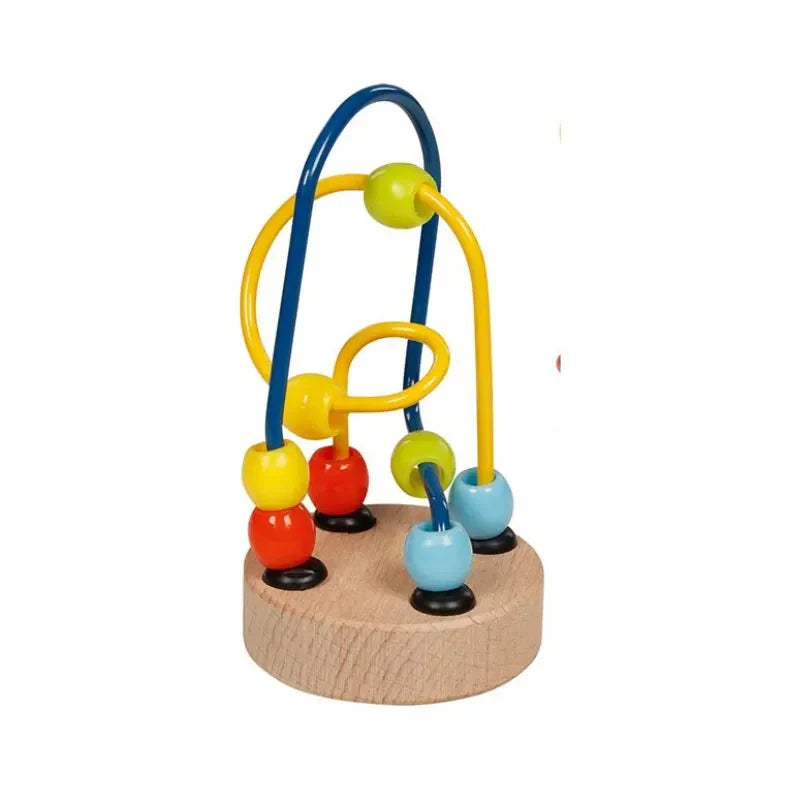 The Small Bead Maze Toy Blue Yellow makes an ideal stocking filler, showcasing vibrant blue, yellow, and red beads strung along twisting blue and yellow wires, all securely mounted on a robust wooden base.