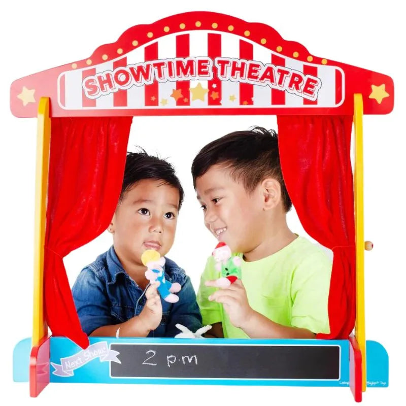 Two boys are playing with a Bigjigs Table Top Theatre set.