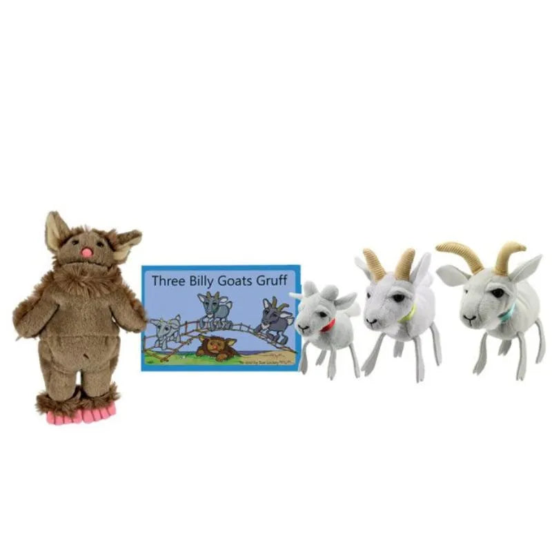 A set of storytelling toys from "The Puppet Company Finger Puppet Story Set Three Billy Goats Gruff" is displayed. It includes a brown troll, three goats of varying sizes, and a blue book cover featuring the story title and an illustration of the characters. These enchanting plush figures can also double as finger puppets for interactive fun.