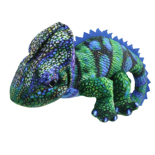 The Puppet Company Chameleon (Blue-Green) Finger Puppet from the Little Creatures Range features a soft, textured body in green and blue with four legs and blue spikes—ideal for colourful adventures and imaginative play.