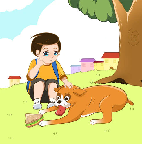 A boy forming a friendship with a Dual Language Book Boxer and Brandon English/Ukrainian Book in the grass.