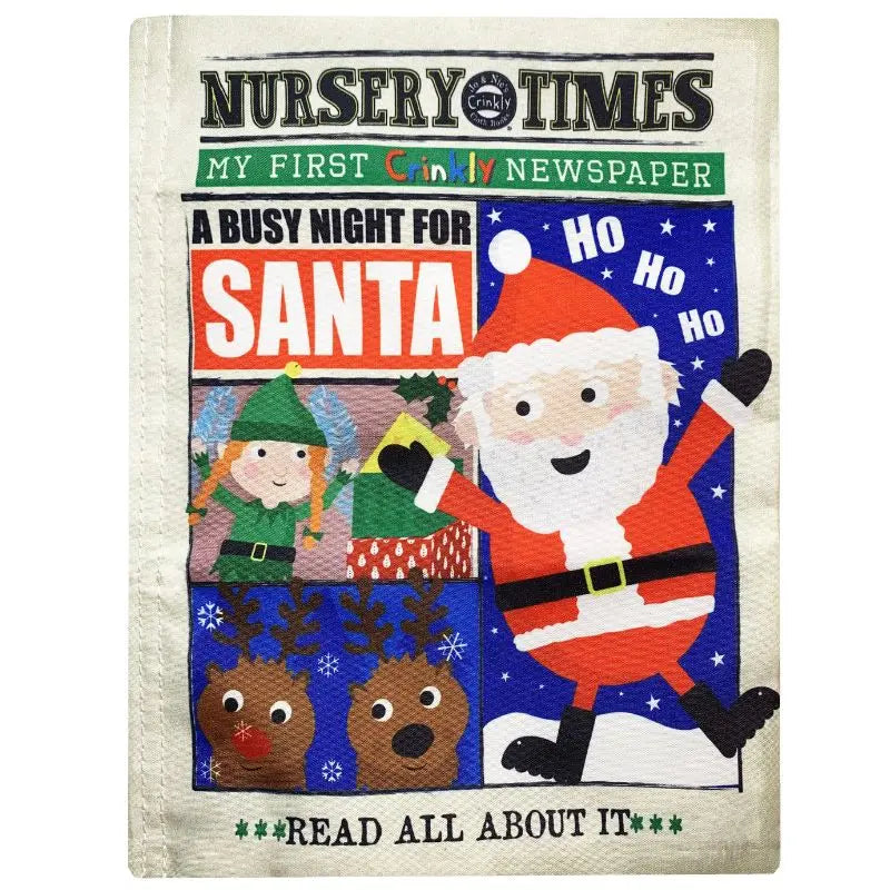 The "Crinkly Cloth Book A Busy Night For Santa" features Santa waving, elves, reindeer, and the headline "A Busy Night for Santa," with stars and snowflakes—an ideal colorful, crinkly Christmas baby gift.