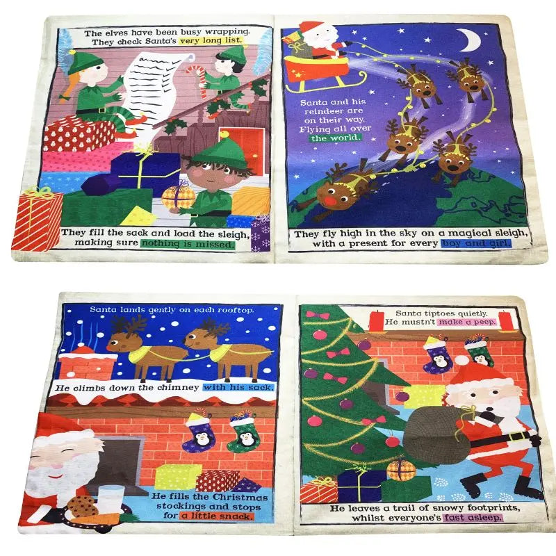 Discover Crinkly Cloth Book A Busy Night For Santa: four illustrated sensory pages feature elves wrapping gifts, Santa’s sleigh with reindeer, Santa down the chimney, and Santa leaving presents—an ideal Christmas baby gift.