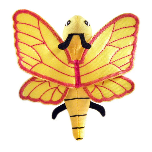 The Puppet Company Yellow Butterfly Finger Puppet is a whimsical plush toy, perfect for colorful storytelling. Its vibrant wings feature bright yellow with red outlines and stitching, while the yellow and black body and antennae inspire imaginative adventures.