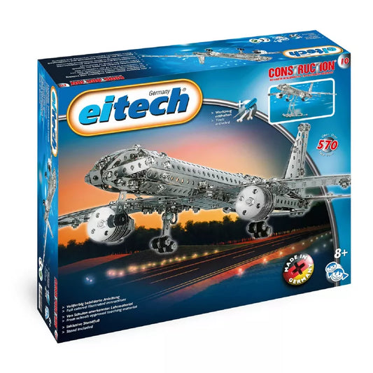 The Eitech Construction Aircraft kit, crafted in Germany, includes 570 metal pieces and features a striking chrome aircraft image against a sunset. It's perfect for fostering creativity in those aged 8 and up.