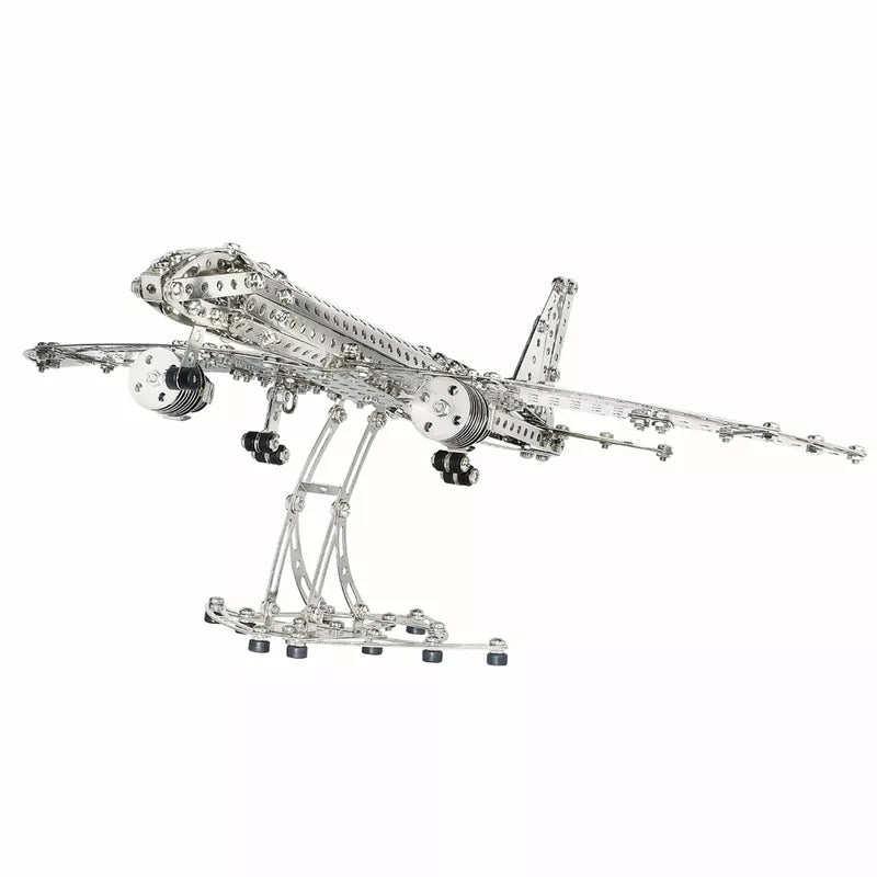 The Eitech Construction Aircraft model is crafted from silver-colored metal pieces and screws, featuring extended landing gear and detailed wings, giving it a mechanical and realistic appearance.