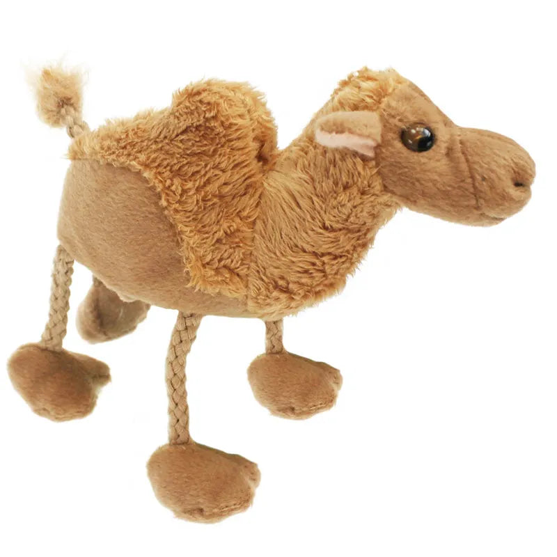 The Puppet Company Camel Finger Puppet is a plush toy featuring a single hump and brown fur, braided legs, and a furry tail—standing upright for imaginative storytelling and creative play on a white background.