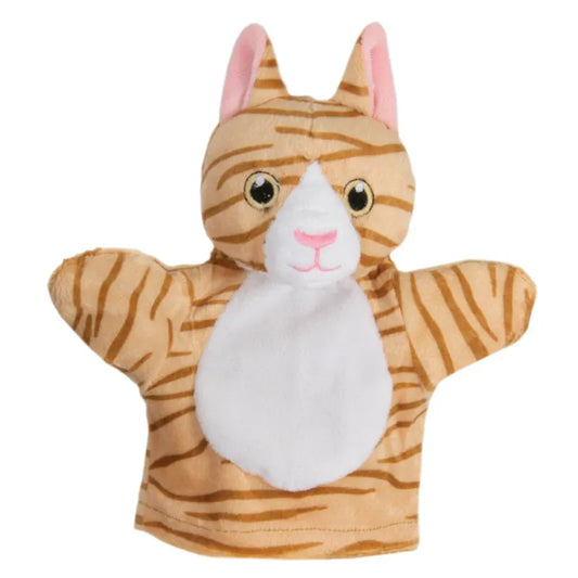 Introducing The Puppet Company My First Puppet Cat: a charming tiger-striped hand puppet with pink ears, a white face and belly, big eyes, and a pink nose. Its outstretched arms inspire imaginative play and support language development against a plain white backdrop.