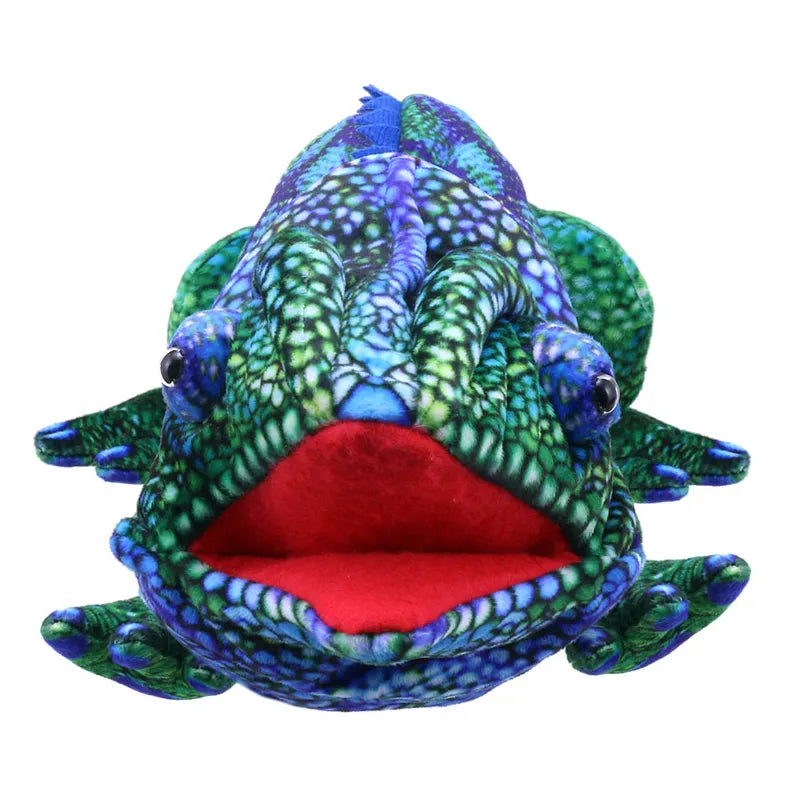 The Puppet Company Large Creature Chameleon Blue-Green is a plush hand puppet with vibrant blue and green scales. Its open mouth reveals a bright red interior, and it features large, protruding eyes—ideal for imaginative play and a delightful addition to any children's toy collection.