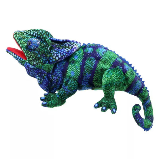 The Puppet Company showcases a Large Chameleon puppet with blue and green stripes captivating kids during the puppet show.