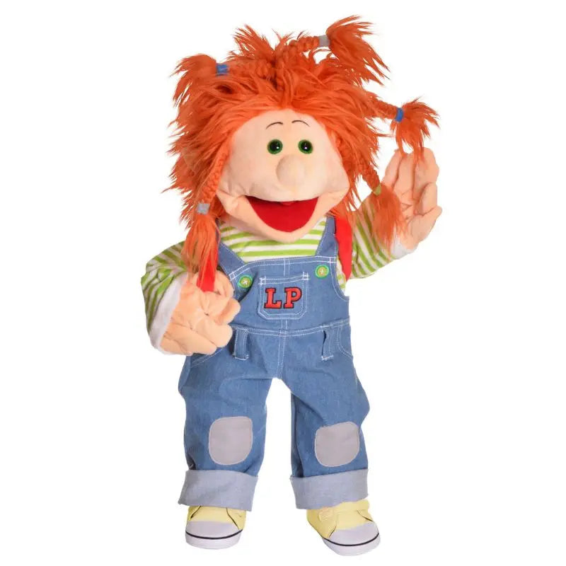 The Living Puppets Charlotta 65cm Hand Puppet features bright orange pigtails, big green eyes, a wide smile, blue "LP" overalls, and a green striped shirt—perfect for interactive play.