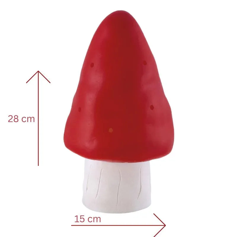 A Lamp Small Mushroom Red, handcrafted and mushroom-shaped, measures 28 cm tall by 15 cm wide. Shown with measurement arrows against a plain background, it's perfect for children's room decor.
