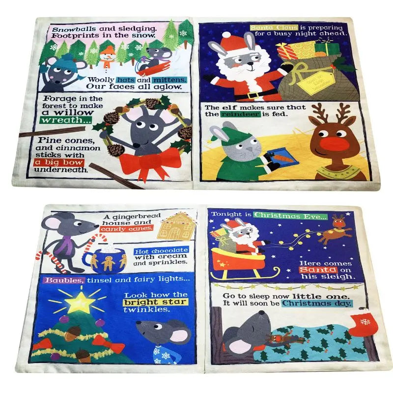 Crinkly Cloth Book Christmas Mice features four festive illustrated pages with mice decorating, sledding, singing, and waiting for Santa. This soft book is a perfect baby gift, with cheerful rhymes and colorful holiday imagery throughout.