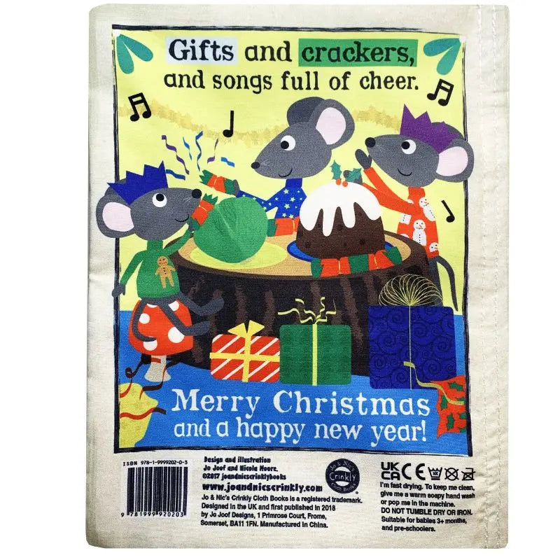 The Crinkly Cloth Book Christmas Mice features three festive mice with hats around a table and pudding, surrounded by gifts. This perfect baby gift wishes "Merry Christmas and a happy new year!" on a colorful holiday background.