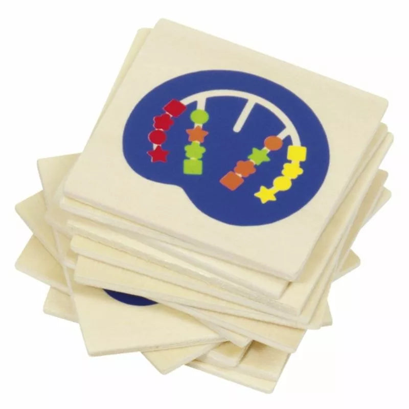 The Colour Assorting Board is a captivating concentration game with square wooden pieces, topped by a blue circle featuring multicolored shapes and lines. The top piece displays red, green, yellow, and orange shapes in rows, making it an engaging toy for developing logical thinking.