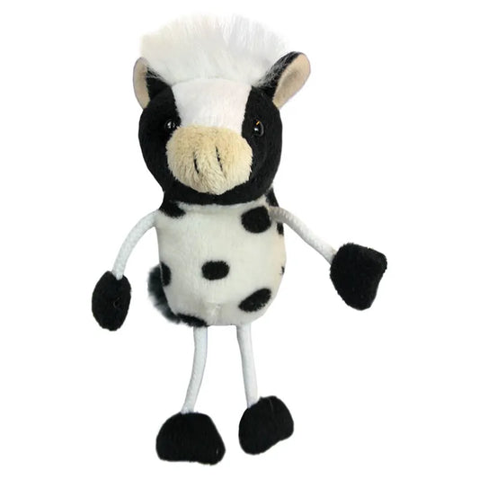 The Puppet Company Cow Finger Puppet is a cute, upright plush toy perfect for creative play. It features a white body with black spots, black limbs, a white tuft of hair on its head, and small beige ears. Its friendly expression and soft texture make it ideal for imaginative storytelling adventures.