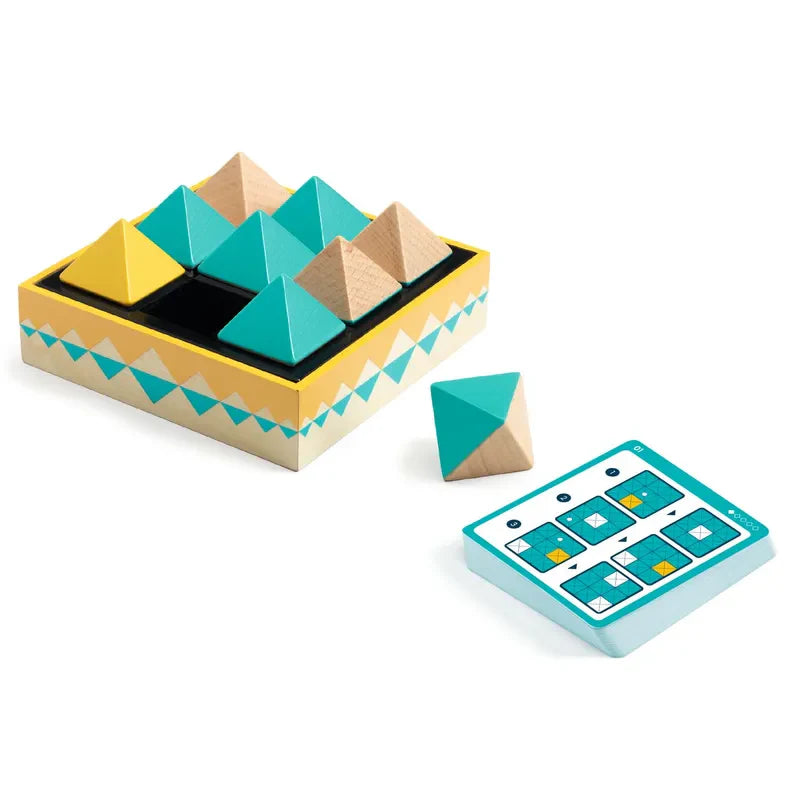 The Djeco Sologic OctoPush is a captivating geometric puzzle game with wooden triangular pieces in turquoise, yellow, and natural wood hues. These pieces neatly fit into a square base adorned with a zigzag pattern. Accompanied by a card featuring various patterns, the game is designed to boost logic and deduction skills for an engaging experience.