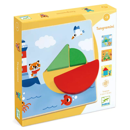 Djeco Tangramini is a colorful educational wooden game for preschoolers ages 3+, featuring a sailboat made of geometric shapes with illustrated animals, a lighthouse, and an ocean background on the packaging.