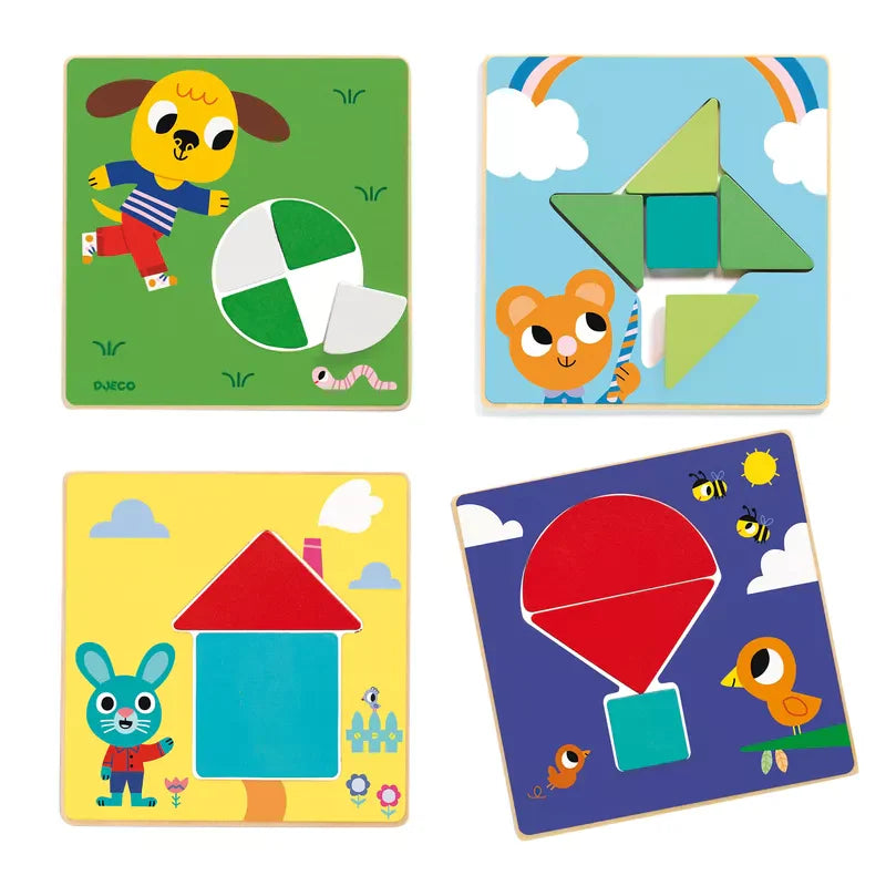 Djeco Tangramini is an educational wooden game for preschoolers with four colorful animal-themed puzzle boards featuring geometric shapes: a dog with circles, a bear with triangles, and a rabbit house, all set amid cheerful backgrounds and small animals.