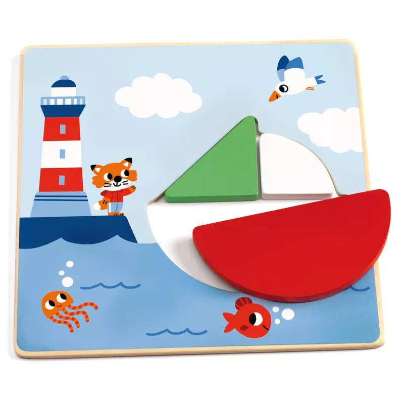 The Djeco Tangramini is a colorful wooden puzzle for preschoolers featuring sea designs and three removable geometric boat-shaped pieces in green, white, and red—an engaging educational wooden game.