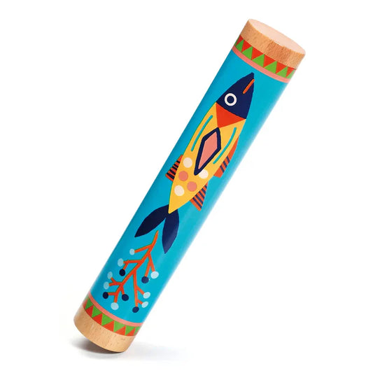 The Djeco Animambo Rain stick showcases a colorful wooden design featuring vibrant fish and plant illustrations. Its blue background beautifully complements the sea-themed artwork, with the ends made from light wood. The fish is depicted in yellow and orange, decorated with geometric patterns that enhance its rhythmic role as a unique percussion instrument.