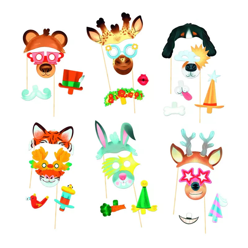 A Djeco Mosaics & Stickers Animal Party kit of animal masks on a stick, perfect for photobooth accessories.