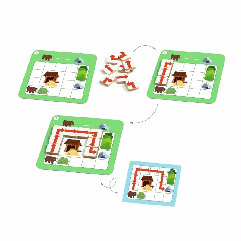The Djeco Programmino Game features a set of four green grid cards linked by arrows, showcasing pathways with red and white arrow tiles. Part of the Eduludo line, it includes grids with trees, a hut, and an elephant to teach spatial relationships via pathway exploration.