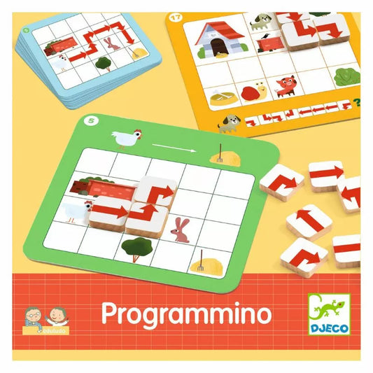 Discover the vibrant Djeco Programmino Game cards, an educational toy designed to enhance spatial relationships. Featuring grid patterns with directional arrows, each card showcases a barn, rabbit, and chicken with the "Djeco" brand name adorning the bottom of these colorful treasures.