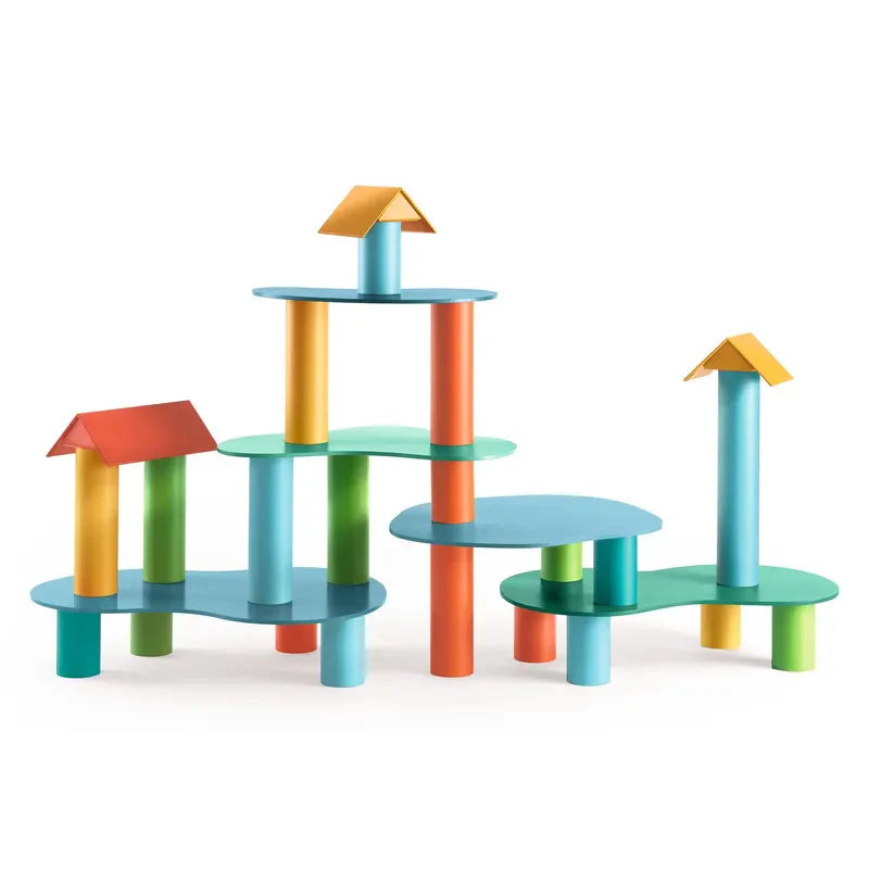 The Djeco Construction Tubulo toy features vibrant geometric shapes, including platforms and cylindrical pillars in blue, green, red, orange, and yellow. These playful formations inspire creativity and imagination while enhancing dexterity and balance.