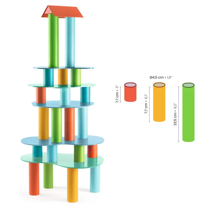 The Djeco Construction Tubulo is a vibrant multi-level tower of cylindrical blocks in red, green, blue, and yellow, with a small red roof. It includes height measurements and illustrations of varied-color blocks—ideal for boosting creativity and imagination.