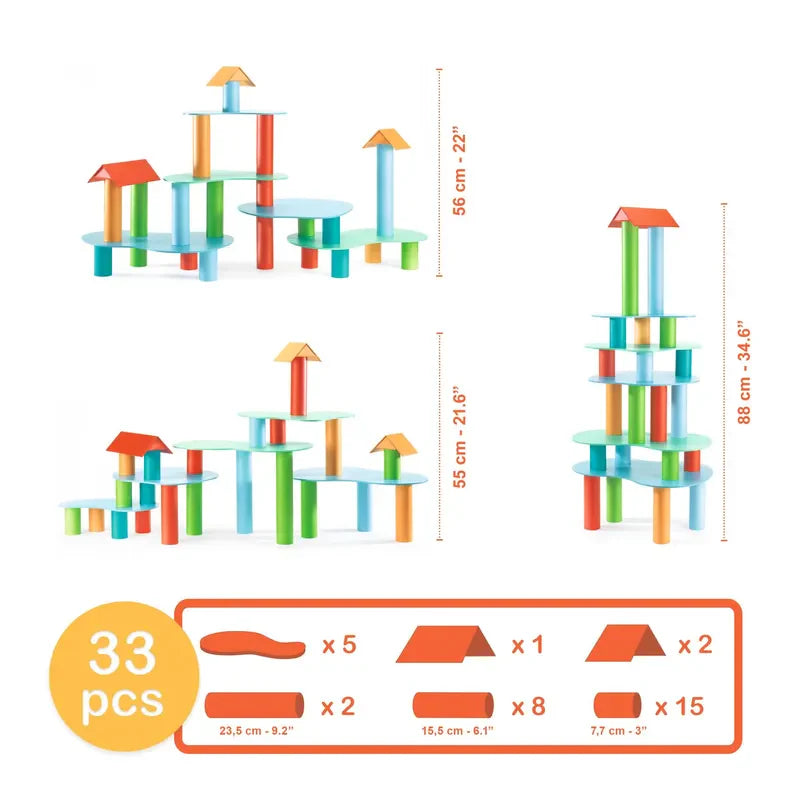 The Djeco Construction Tubulo toy set includes 33 colorful building blocks in various shapes like rectangles, circles, and triangles. These pieces can be arranged into three structures of different heights with labeled dimensions, inspiring creativity and imagination.