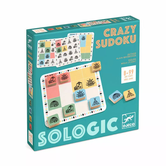 The "Djeco Crazy Sudoku" comes in a colorful box and is a playful, vibrant tactical game that showcases Sudoku puzzles with tiles featuring various landmarks. Ideal for ages 8 to 99, it encourages reflection and logic in an enjoyable manner.