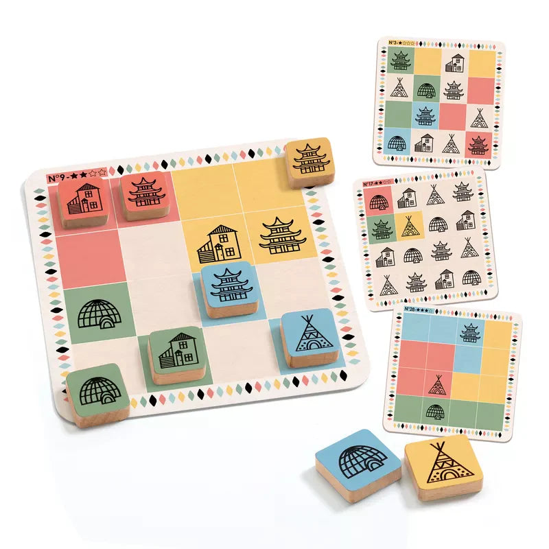 Experience the colorful, grid-based puzzle of Djeco Crazy Sudoku, which combines the charm of Sudoku with delightful icons such as igloos, pagodas, and houses. This engaging game presents a partially filled board that challenges players to employ reflection and logic while arranging solution cards featuring various icon tactics.