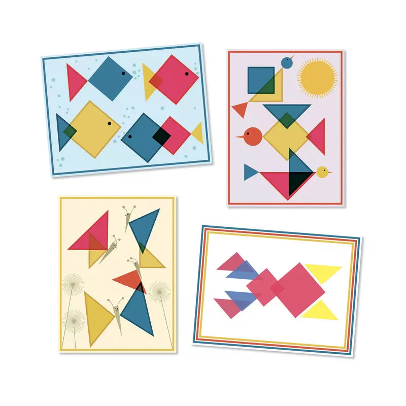 Four Djeco Collages Magic squares with different geometric designs on them.