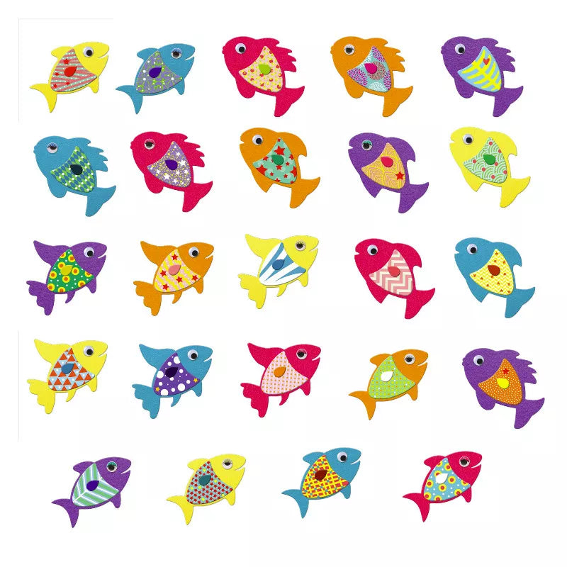 Djeco Stickers I love fish in different colors on a white background.