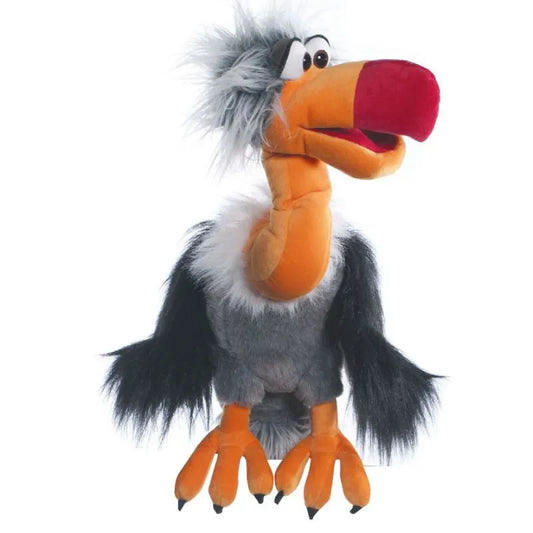 The Living Puppets Django Hand Puppet is a plush toy designed as a cartoonish vulture. It features orange feet and beak, dark wings, and a fluffy gray body. Its large red beak and expressive eyes make it ideal for imaginative play and storytelling.