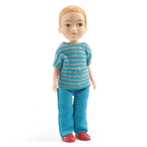 A Djeco puppet Victor wearing a striped shirt for kids' puppet show.