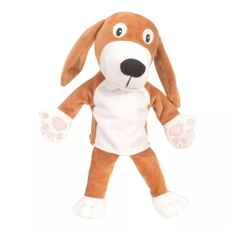 A brown and white hand puppet with paws outstretched for kids to enjoy in their own puppet show.