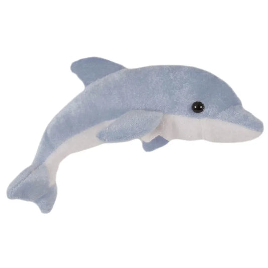 The Puppet Company Dolphin Finger Puppet is a plush toy with a light blue and white color scheme and small black eyes, ideal for ocean-themed play on a white backdrop.