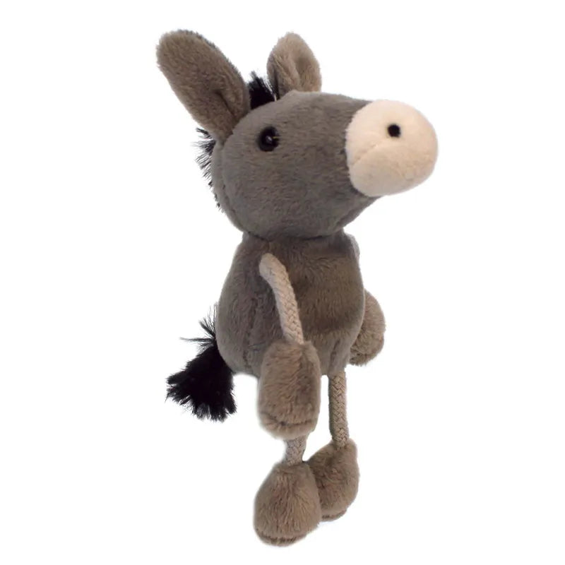 The Puppet Company Donkey Finger Puppet is a plush toy with a gray body, beige snout, and black hair tuft and tail, perfect for creative play. Its friendly appearance invites storytelling adventures by standing upright like a real donkey.