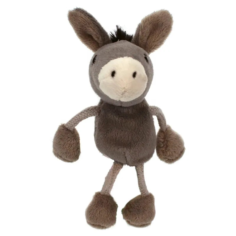 The Puppet Company Donkey Finger Puppet features a plush, grey body with a cream snout, long ears, and fluffy texture. Its brown mane and stitched facial features make it ideal for creative play and storytelling with its cute charm.