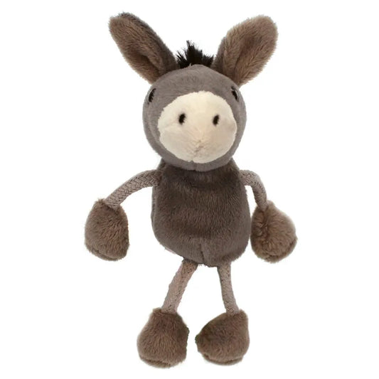 The Puppet Company Donkey Finger Puppet features a plush, grey body with a cream snout, long ears, and fluffy texture. Its brown mane and stitched facial features make it ideal for creative play and storytelling with its cute charm.