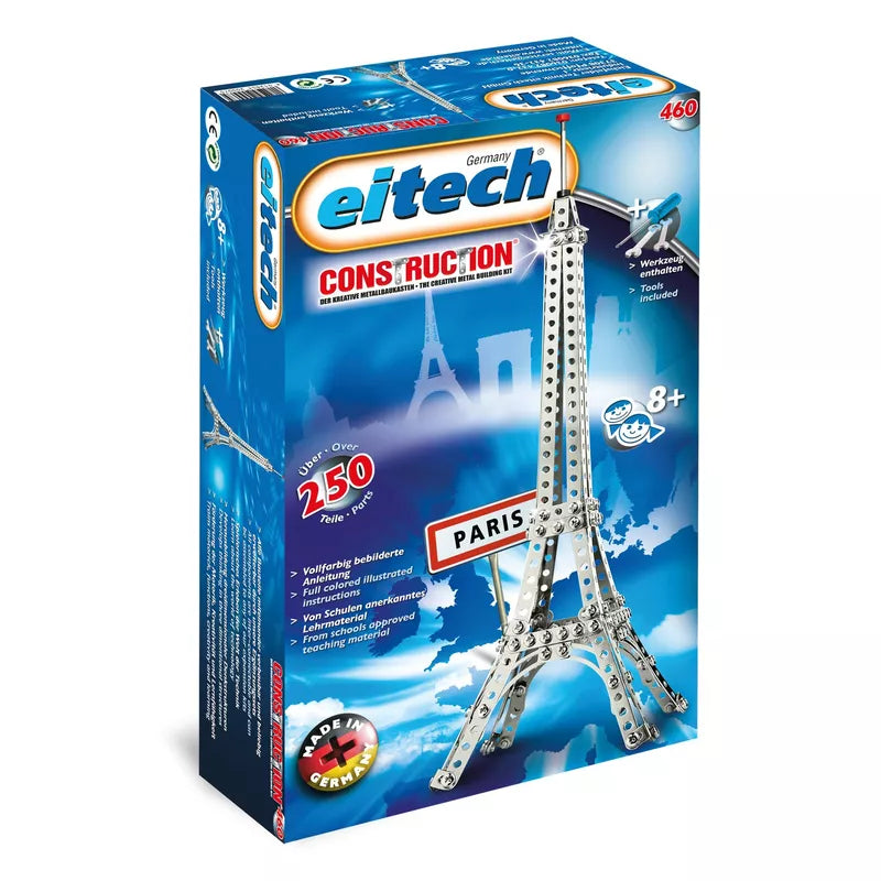 The Eitech Construction Eiffel Tower set features a metal model of the Eiffel Tower labeled "Paris," designed for ages 8 and up. With over 250 parts, it inspires creativity and 3-D thinking. The box prominently displays its "Made in Germany" branding.