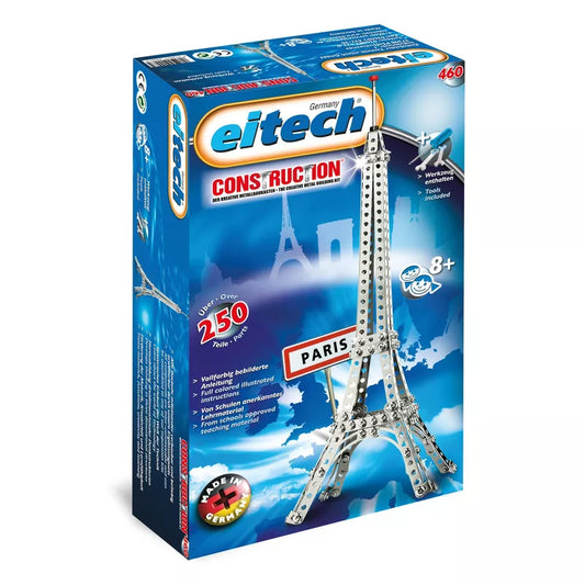 The Eitech Construction Eiffel Tower set features a metal model of the Eiffel Tower labeled "Paris," designed for ages 8 and up. With over 250 parts, it inspires creativity and 3-D thinking. The box prominently displays its "Made in Germany" branding.