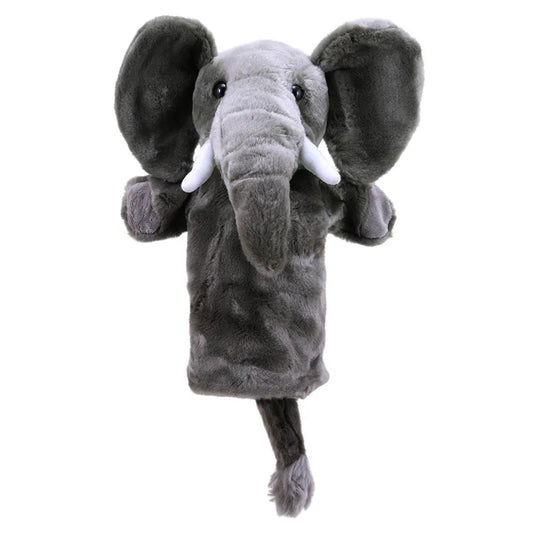 The Puppet Company Long Sleeved Puppet Elephant is a plush gray puppet with large ears, a long trunk, and white tusks. Its soft and cuddly features make it ideal for creative play or captivating stories in a puppet theatre.