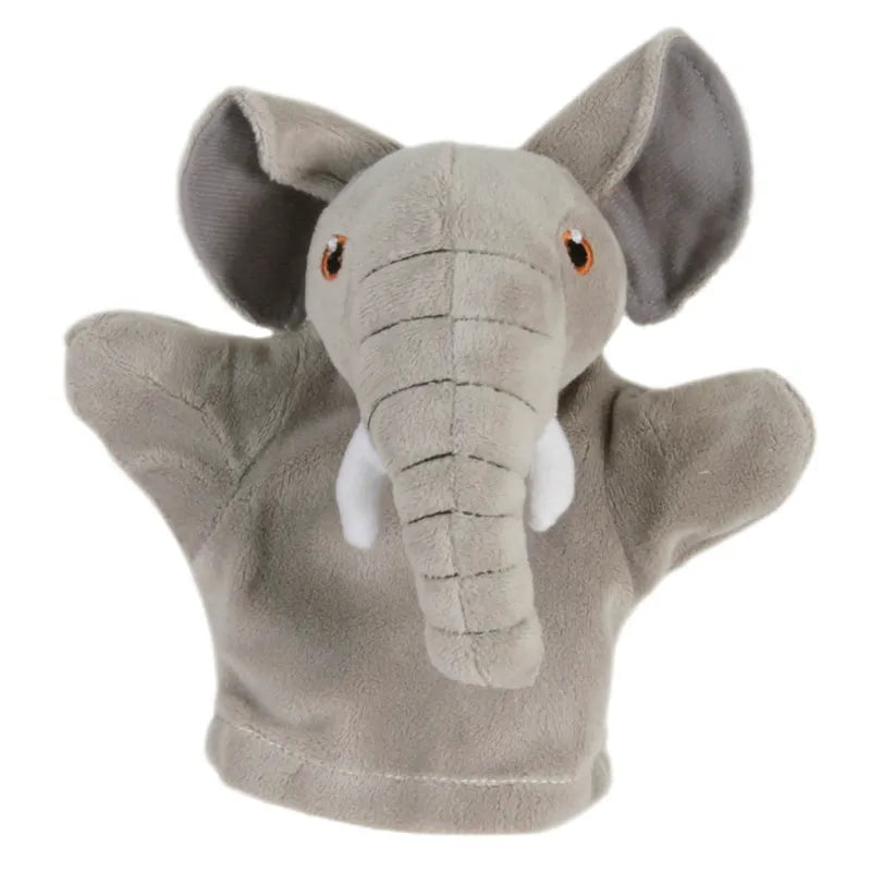The Puppet Company My First Puppet Elephant is a soft gray hand puppet with large ears, a long trunk, small tusks, and stitched eyes. Perfect for interactive play and language development during storytelling sessions.