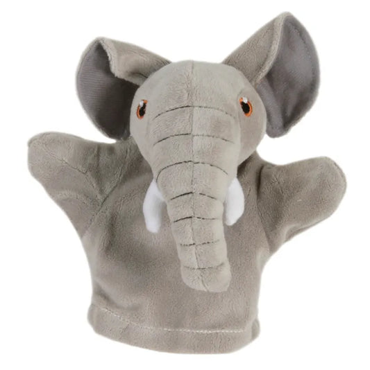 The Puppet Company My First Puppet Elephant is a soft gray hand puppet with large ears, a long trunk, small tusks, and stitched eyes. Perfect for interactive play and language development during storytelling sessions.